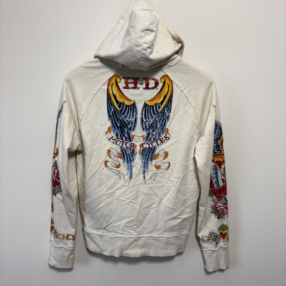 Vintage Harley-Davidson Hoodie Y2K Tattoo Womens L‎ White Full Zip Tattoo Biker